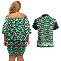 New Zealand Maori Niho Taniwha Couples Matching Off Shoulder Short Dress and Hawaiian Shirt Kakariki Mangopare and Puhoro Pattern LT9 - Polynesian Pride