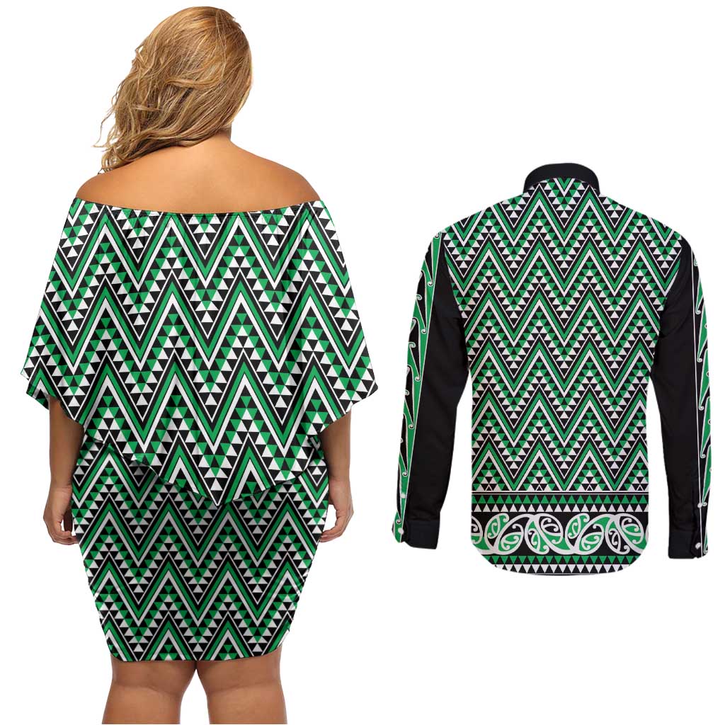 New Zealand Maori Niho Taniwha Couples Matching Off Shoulder Short Dress and Long Sleeve Button Shirt Kakariki Mangopare and Puhoro Pattern LT9 - Polynesian Pride