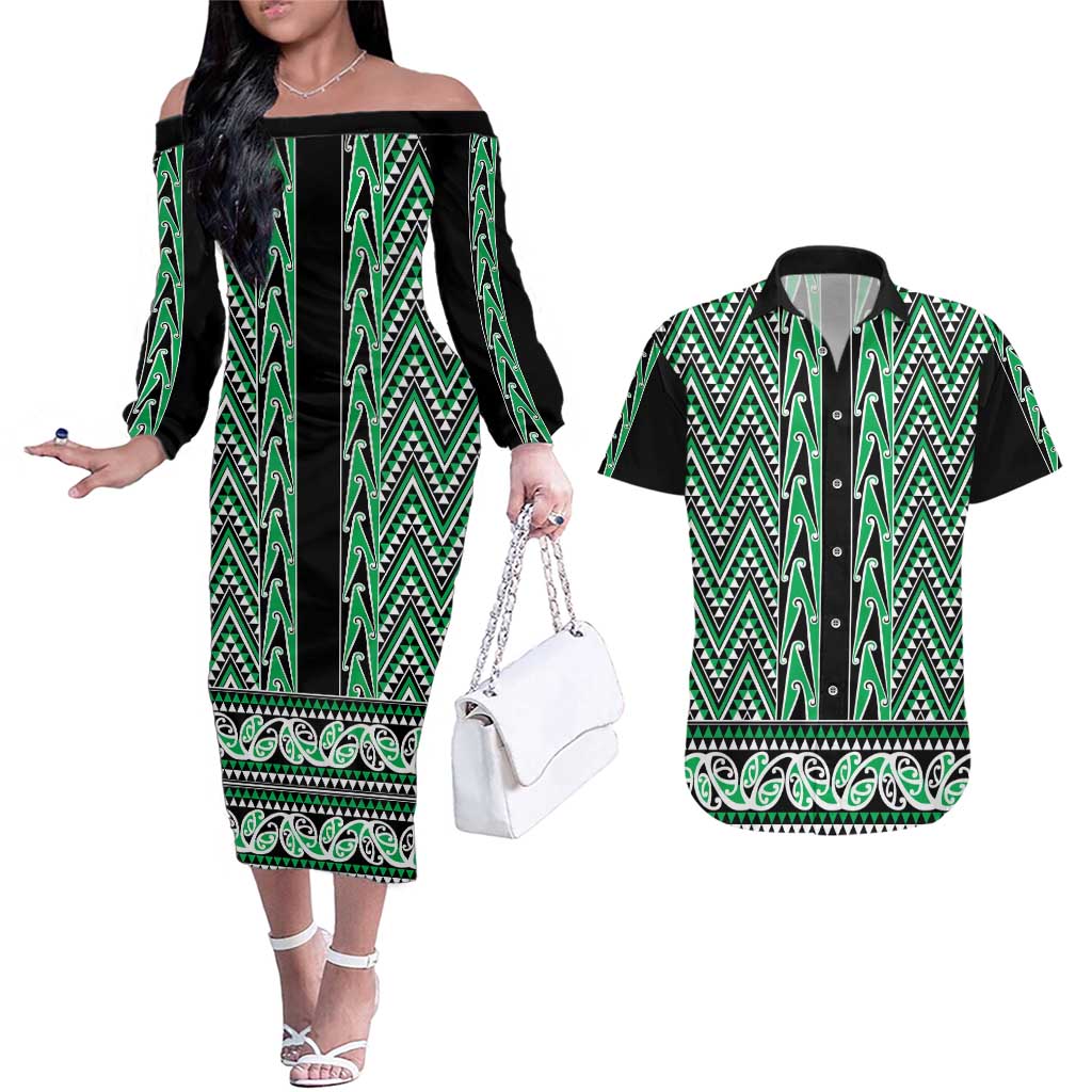 New Zealand Maori Niho Taniwha Couples Matching Off The Shoulder Long Sleeve Dress and Hawaiian Shirt Kakariki Mangopare and Puhoro Pattern