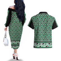 New Zealand Maori Niho Taniwha Couples Matching Off The Shoulder Long Sleeve Dress and Hawaiian Shirt Kakariki Mangopare and Puhoro Pattern