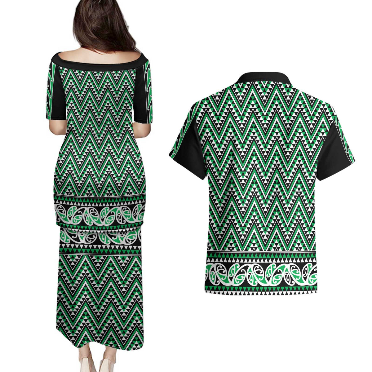 New Zealand Maori Niho Taniwha Couples Matching Puletasi and Hawaiian Shirt Kakariki Mangopare and Puhoro Pattern