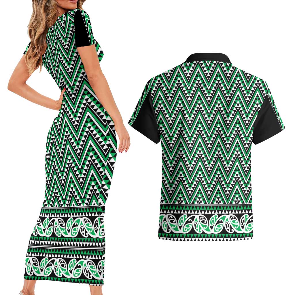 New Zealand Maori Niho Taniwha Couples Matching Short Sleeve Bodycon Dress and Hawaiian Shirt Kakariki Mangopare and Puhoro Pattern LT9 - Polynesian Pride