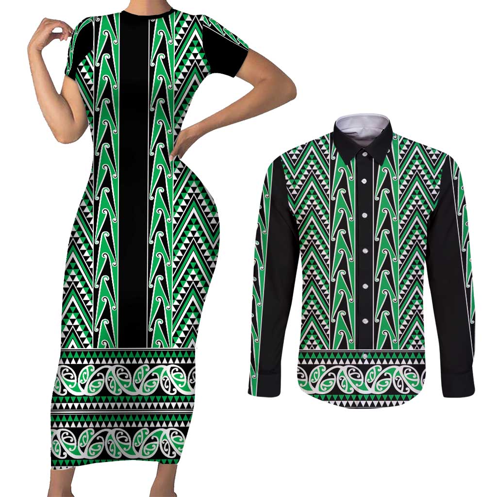 New Zealand Maori Niho Taniwha Couples Matching Short Sleeve Bodycon Dress and Long Sleeve Button Shirt Kakariki Mangopare and Puhoro Pattern LT9 Green - Polynesian Pride