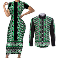 New Zealand Maori Niho Taniwha Couples Matching Short Sleeve Bodycon Dress and Long Sleeve Button Shirt Kakariki Mangopare and Puhoro Pattern LT9 Green - Polynesian Pride