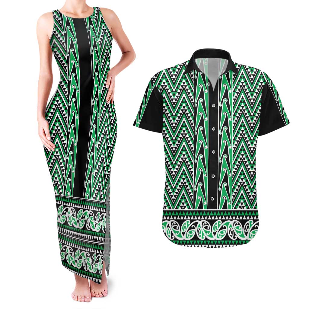 New Zealand Maori Niho Taniwha Couples Matching Tank Maxi Dress and Hawaiian Shirt Kakariki Mangopare and Puhoro Pattern