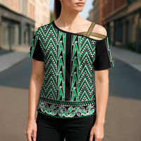 New Zealand Maori Niho Taniwha Cross Shoulder Shirt Kakariki Mangopare and Puhoro Pattern - Polynesian Pride