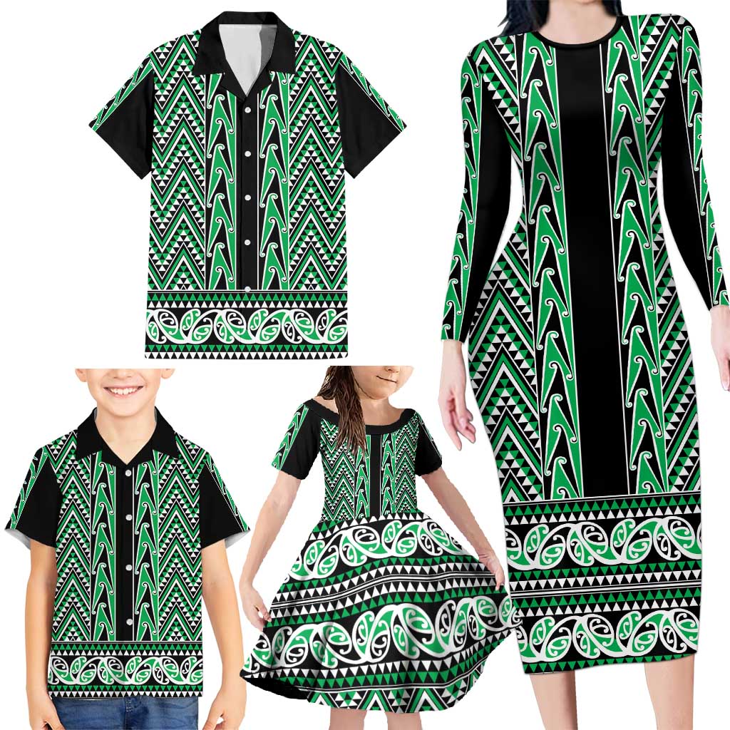 New Zealand Maori Niho Taniwha Family Matching Long Sleeve Bodycon Dress and Hawaiian Shirt Kakariki Mangopare and Puhoro Pattern