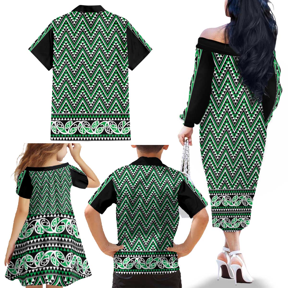 New Zealand Maori Niho Taniwha Family Matching Off The Shoulder Long Sleeve Dress and Hawaiian Shirt Kakariki Mangopare and Puhoro Pattern