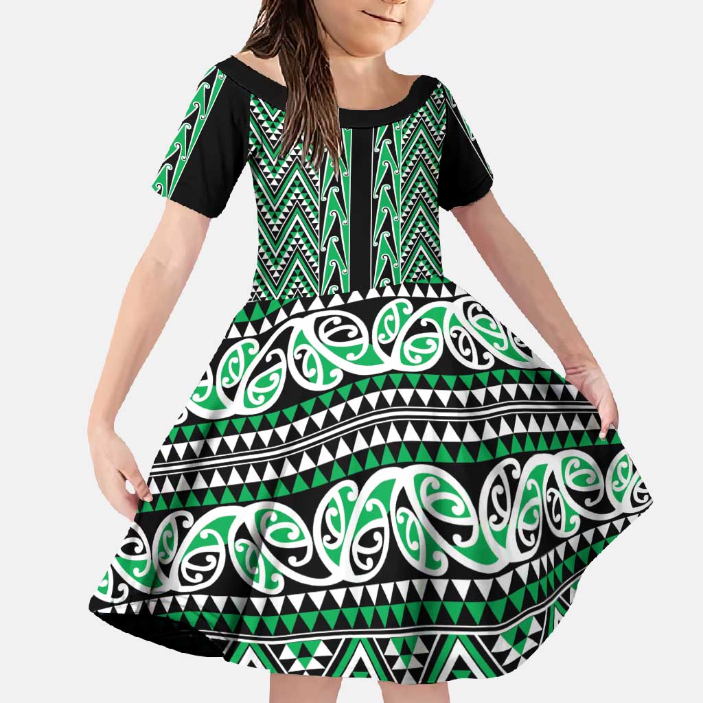 New Zealand Maori Niho Taniwha Family Matching Off Shoulder Maxi Dress and Hawaiian Shirt Kakariki Mangopare and Puhoro Pattern LT9 Daughter's Dress Green - Polynesian Pride