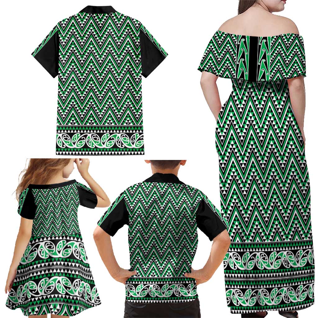 New Zealand Maori Niho Taniwha Family Matching Off Shoulder Maxi Dress and Hawaiian Shirt Kakariki Mangopare and Puhoro Pattern LT9 - Polynesian Pride