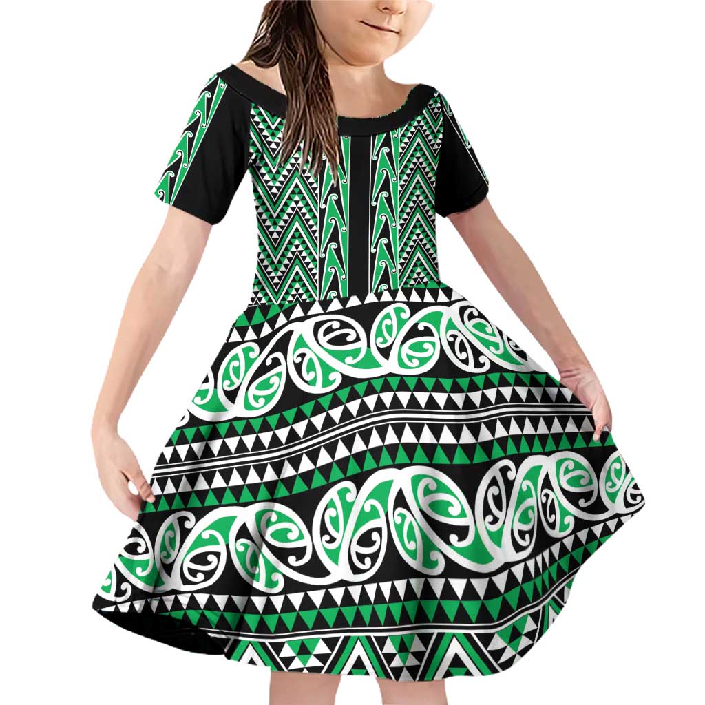 New Zealand Maori Niho Taniwha Family Matching Off Shoulder Short Dress and Hawaiian Shirt Kakariki Mangopare and Puhoro Pattern LT9 Daughter's Dress Green - Polynesian Pride