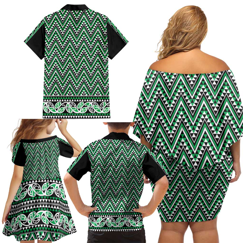 New Zealand Maori Niho Taniwha Family Matching Off Shoulder Short Dress and Hawaiian Shirt Kakariki Mangopare and Puhoro Pattern LT9 - Polynesian Pride