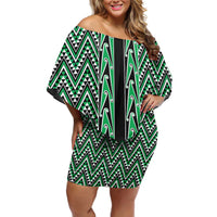 New Zealand Maori Niho Taniwha Family Matching Off Shoulder Short Dress and Hawaiian Shirt Kakariki Mangopare and Puhoro Pattern LT9 Mom's Dress Green - Polynesian Pride