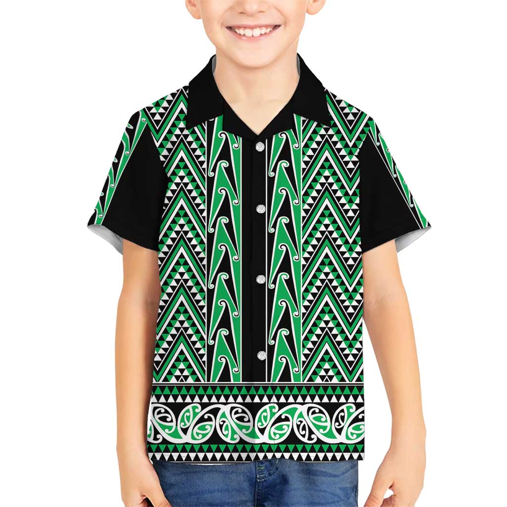 New Zealand Maori Niho Taniwha Family Matching Off Shoulder Short Dress and Hawaiian Shirt Kakariki Mangopare and Puhoro Pattern LT9 Son's Shirt Green - Polynesian Pride
