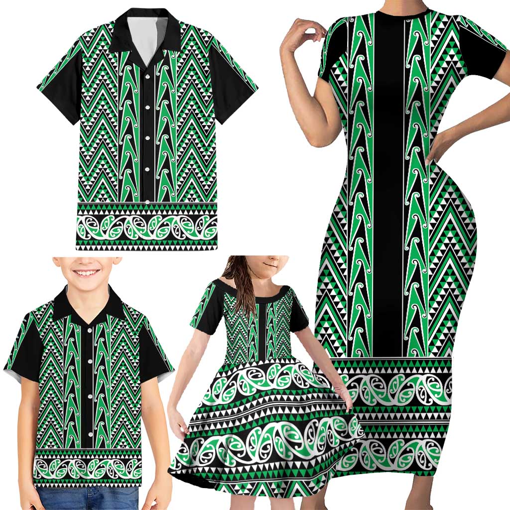New Zealand Maori Niho Taniwha Family Matching Short Sleeve Bodycon Dress and Hawaiian Shirt Kakariki Mangopare and Puhoro Pattern