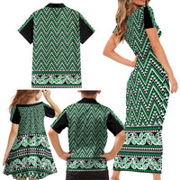 New Zealand Maori Niho Taniwha Family Matching Short Sleeve Bodycon Dress and Hawaiian Shirt Kakariki Mangopare and Puhoro Pattern LT9 - Polynesian Pride