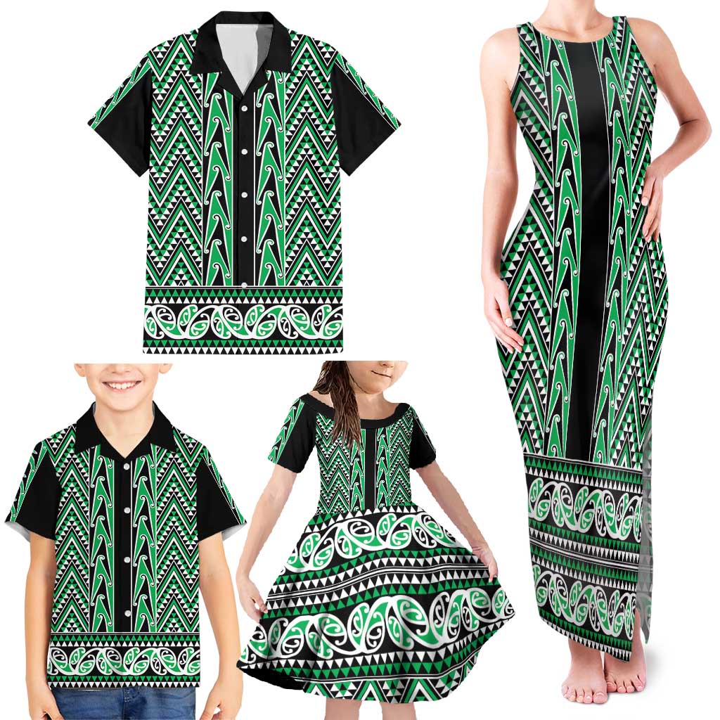 New Zealand Maori Niho Taniwha Family Matching Tank Maxi Dress and Hawaiian Shirt Kakariki Mangopare and Puhoro Pattern