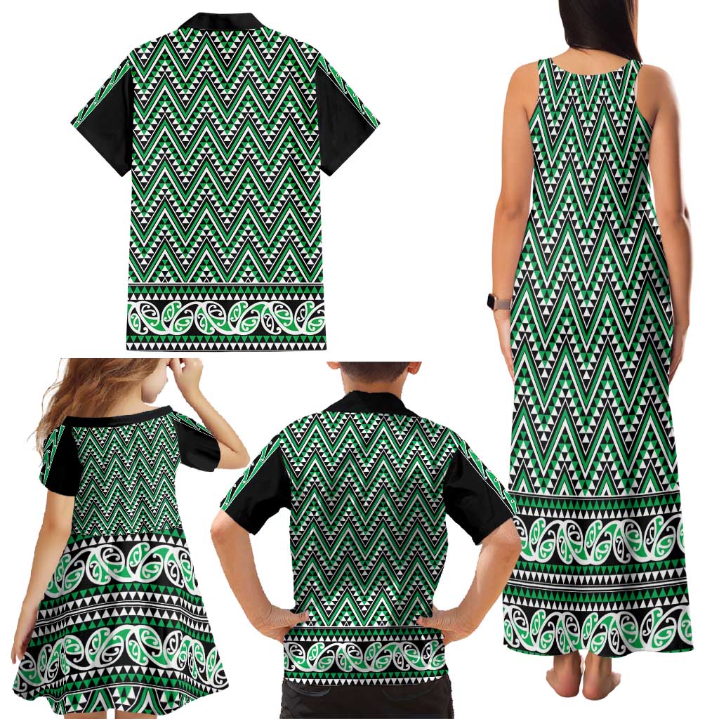 New Zealand Maori Niho Taniwha Family Matching Tank Maxi Dress and Hawaiian Shirt Kakariki Mangopare and Puhoro Pattern