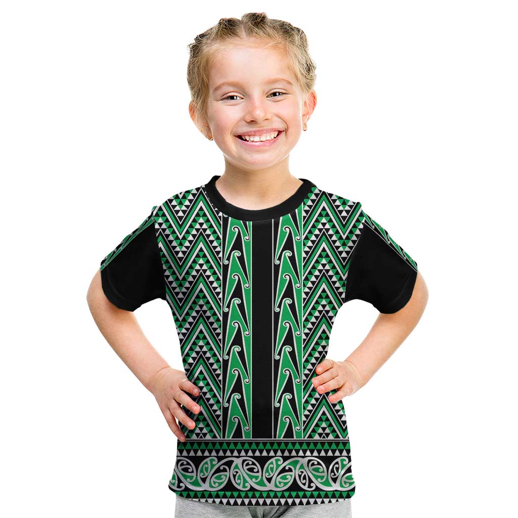 New Zealand Maori Niho Taniwha Kid T Shirt Kakariki Mangopare and Puhoro Pattern