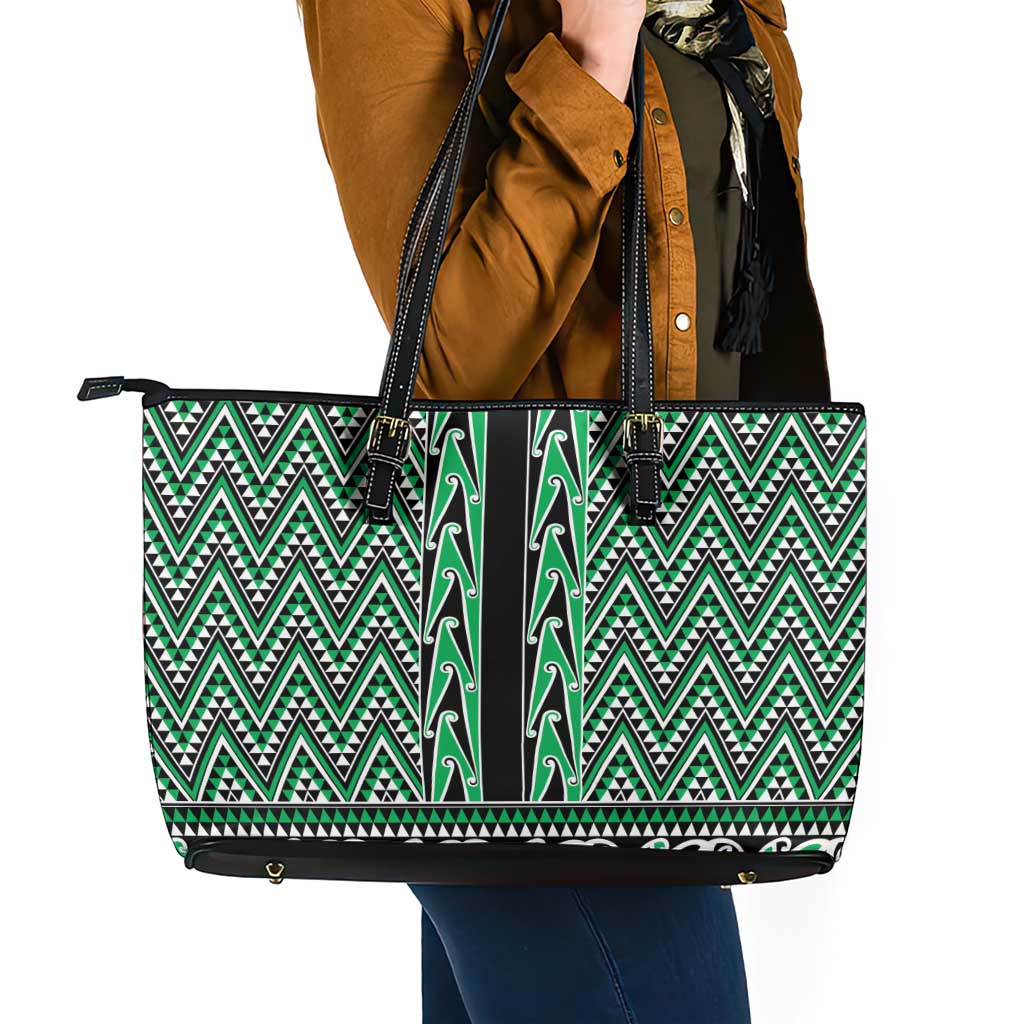 New Zealand Maori Niho Taniwha Leather Tote Bag Kakariki Mangopare and Puhoro Pattern