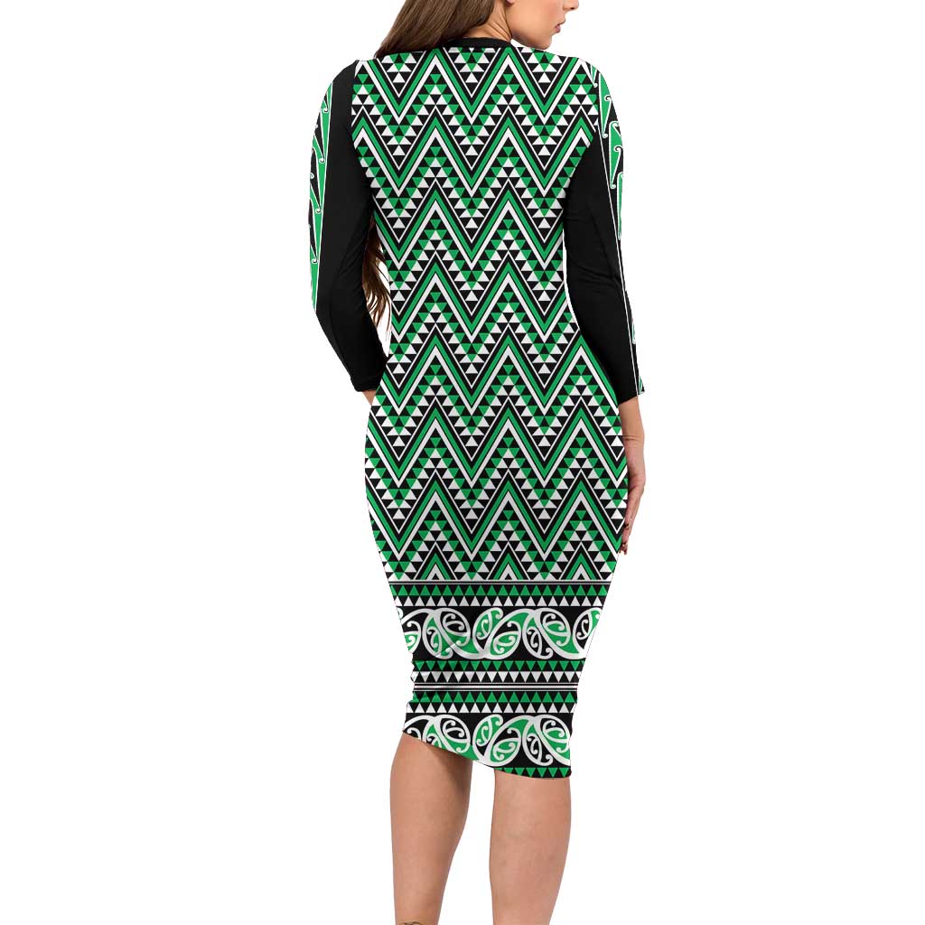 New Zealand Maori Niho Taniwha Long Sleeve Bodycon Dress Kakariki Mangopare and Puhoro Pattern