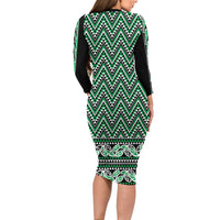 New Zealand Maori Niho Taniwha Long Sleeve Bodycon Dress Kakariki Mangopare and Puhoro Pattern