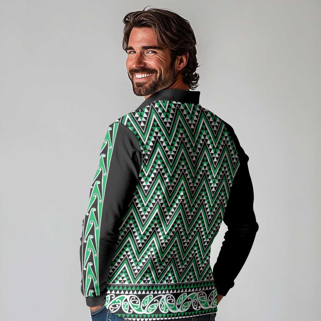 New Zealand Maori Niho Taniwha Long Sleeve Polo Shirt Kakariki Mangopare and Puhoro Pattern