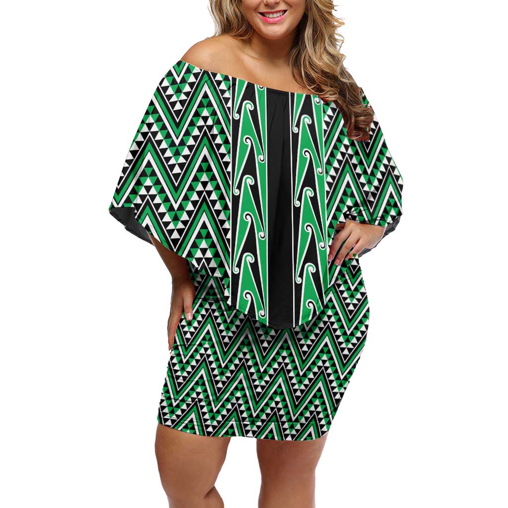 New Zealand Maori Niho Taniwha Off Shoulder Short Dress Kakariki Mangopare and Puhoro Pattern