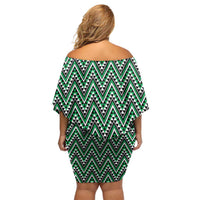 New Zealand Maori Niho Taniwha Off Shoulder Short Dress Kakariki Mangopare and Puhoro Pattern