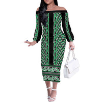 New Zealand Maori Niho Taniwha Off The Shoulder Long Sleeve Dress Kakariki Mangopare and Puhoro Pattern