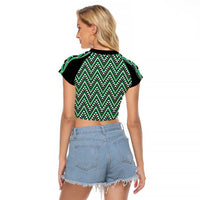 New Zealand Maori Niho Taniwha Raglan Cropped T Shirt Kakariki Mangopare and Puhoro Pattern