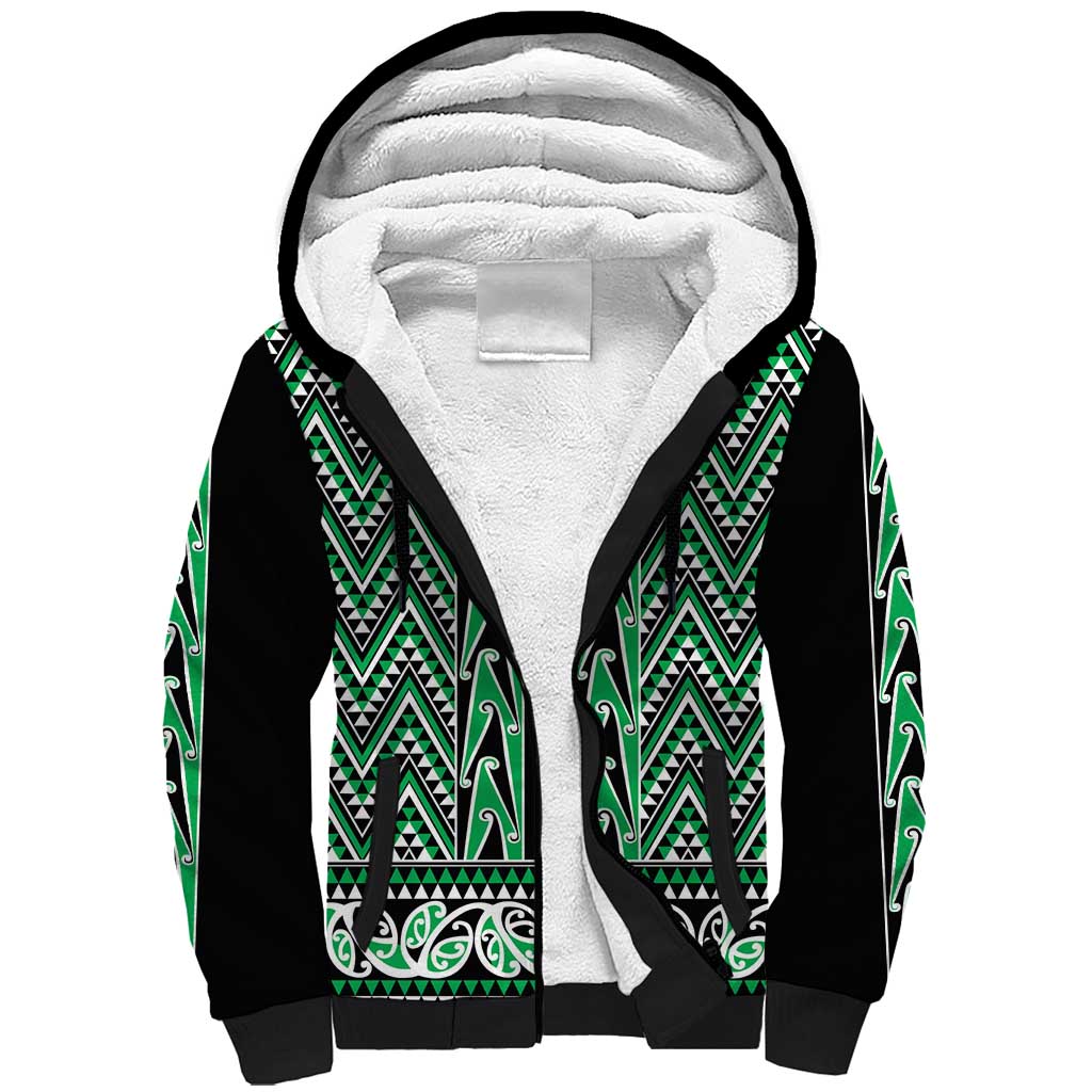 New Zealand Maori Niho Taniwha Sherpa Hoodie Kakariki Mangopare and Puhoro Pattern