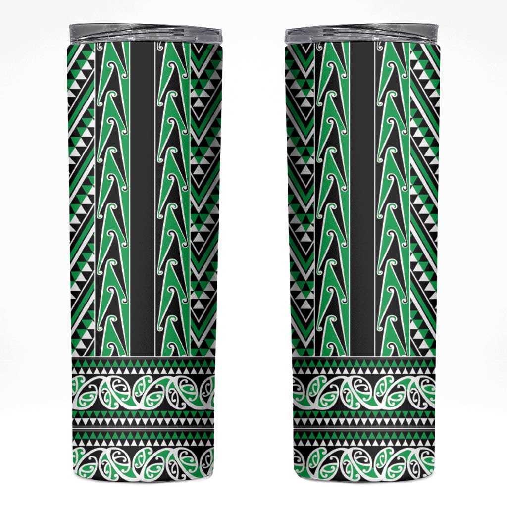 New Zealand Maori Niho Taniwha Skinny Tumbler Kakariki Mangopare and Puhoro Pattern