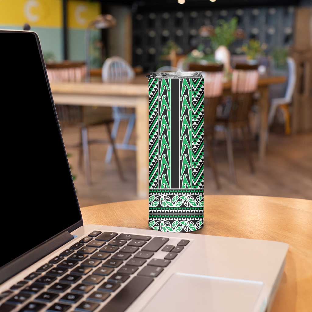 New Zealand Maori Niho Taniwha Skinny Tumbler Kakariki Mangopare and Puhoro Pattern