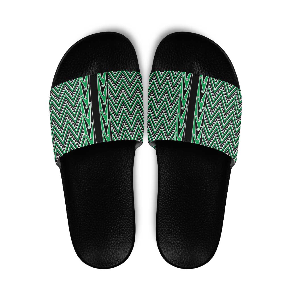 New Zealand Maori Niho Taniwha Slide Sandals Kakariki Mangopare and Puhoro Pattern - Polynesian Pride