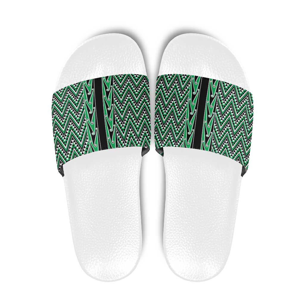 New Zealand Maori Niho Taniwha Slide Sandals Kakariki Mangopare and Puhoro Pattern - Polynesian Pride