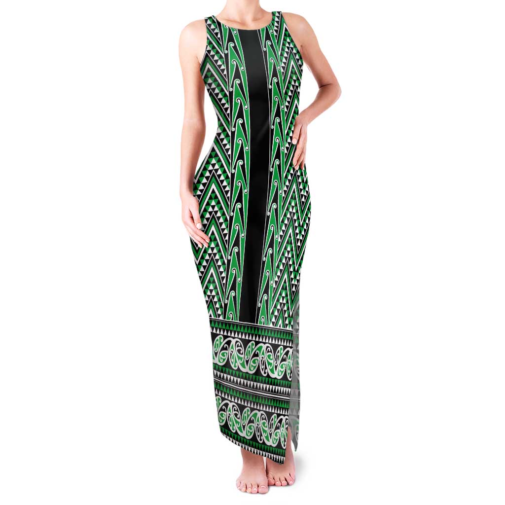 New Zealand Maori Niho Taniwha Tank Maxi Dress Kakariki Mangopare and Puhoro Pattern