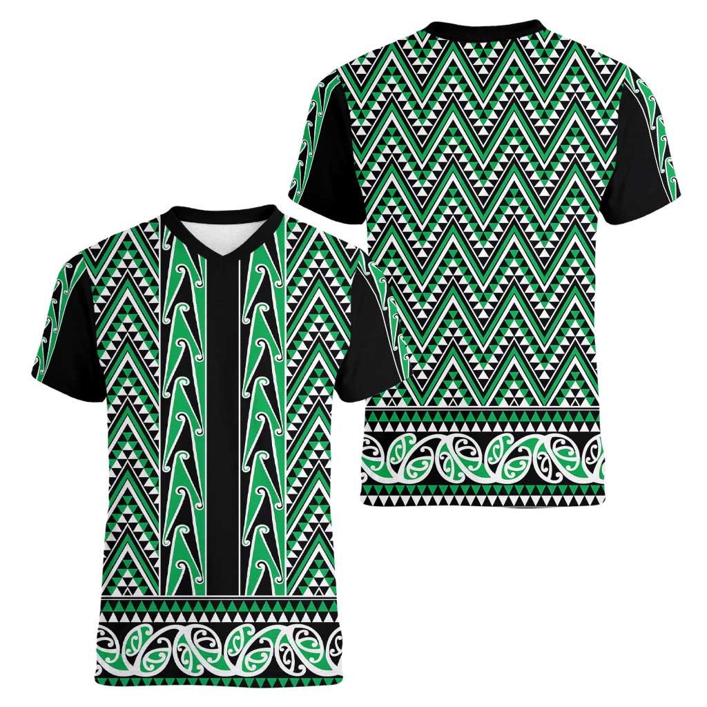 New Zealand Maori Niho Taniwha Women V-Neck T-Shirt Kakariki Mangopare and Puhoro Pattern LT9 - Polynesian Pride