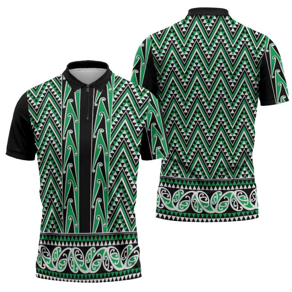 New Zealand Maori Niho Taniwha Zipper Polo Shirt Kakariki Mangopare and Puhoro Pattern - Polynesian Pride