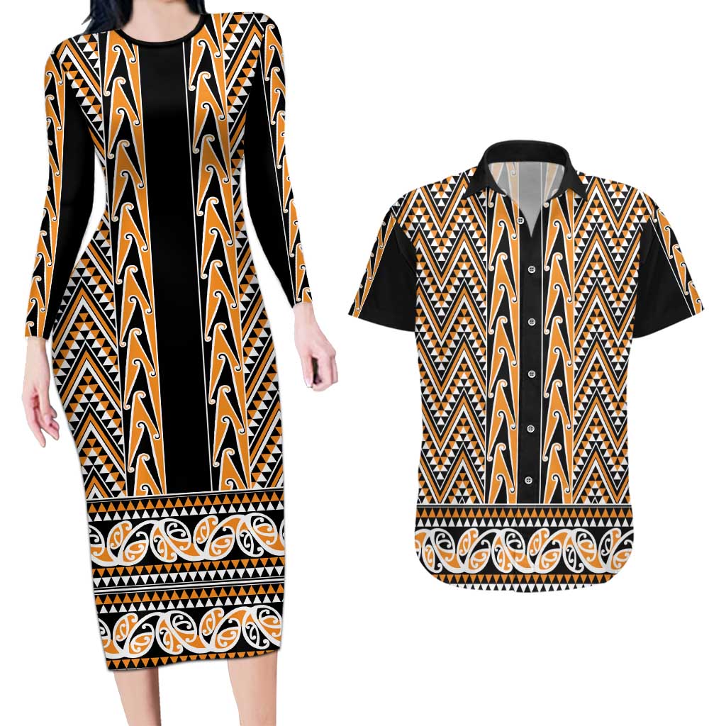 New Zealand Maori Niho Taniwha Couples Matching Long Sleeve Bodycon Dress and Hawaiian Shirt Karaka Mangopare and Puhoro Pattern