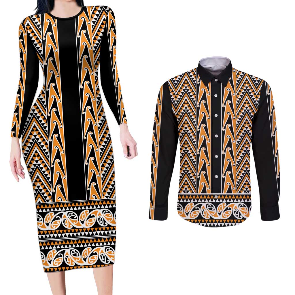 New Zealand Maori Niho Taniwha Couples Matching Long Sleeve Bodycon Dress and Long Sleeve Button Shirt Karaka Mangopare and Puhoro Pattern LT9 Gold - Polynesian Pride