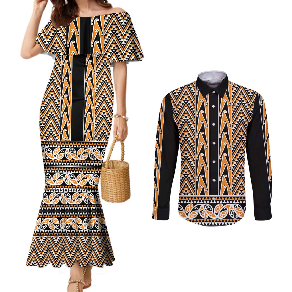 New Zealand Maori Niho Taniwha Couples Matching Mermaid Dress and Long Sleeve Button Shirt Karaka Mangopare and Puhoro Pattern LT9 Gold - Polynesian Pride