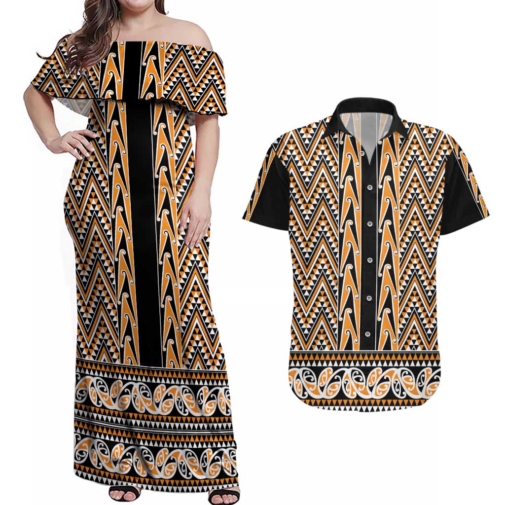 New Zealand Maori Niho Taniwha Couples Matching Off Shoulder Maxi Dress and Hawaiian Shirt Karaka Mangopare and Puhoro Pattern LT9 Gold - Polynesian Pride