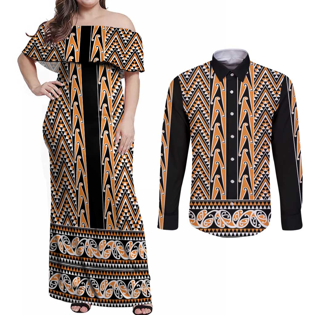 New Zealand Maori Niho Taniwha Couples Matching Off Shoulder Maxi Dress and Long Sleeve Button Shirt Karaka Mangopare and Puhoro Pattern