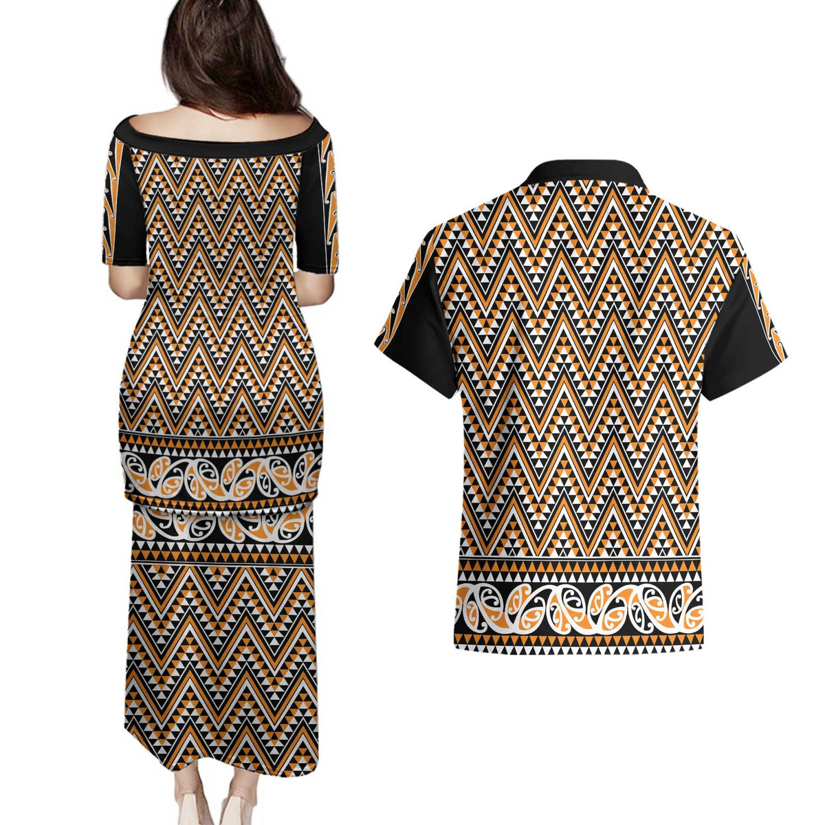 New Zealand Maori Niho Taniwha Couples Matching Puletasi and Hawaiian Shirt Karaka Mangopare and Puhoro Pattern