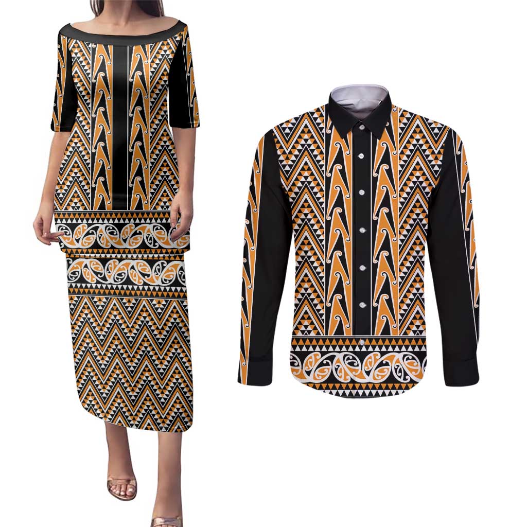 New Zealand Maori Niho Taniwha Couples Matching Puletasi and Long Sleeve Button Shirt Karaka Mangopare and Puhoro Pattern