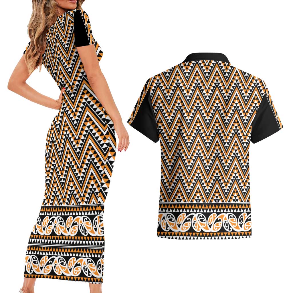 New Zealand Maori Niho Taniwha Couples Matching Short Sleeve Bodycon Dress and Hawaiian Shirt Karaka Mangopare and Puhoro Pattern LT9 - Polynesian Pride