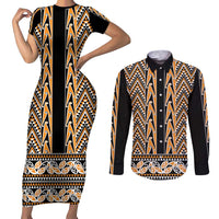 New Zealand Maori Niho Taniwha Couples Matching Short Sleeve Bodycon Dress and Long Sleeve Button Shirt Karaka Mangopare and Puhoro Pattern LT9 Gold - Polynesian Pride