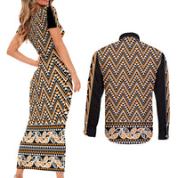 New Zealand Maori Niho Taniwha Couples Matching Short Sleeve Bodycon Dress and Long Sleeve Button Shirt Karaka Mangopare and Puhoro Pattern LT9 - Polynesian Pride