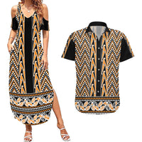 New Zealand Maori Niho Taniwha Couples Matching Summer Maxi Dress and Hawaiian Shirt Karaka Mangopare and Puhoro Pattern LT9 Gold - Polynesian Pride